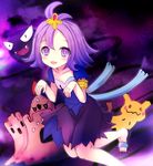  :3 :d acerola_(pokemon) armlet bare_arms blush bright_pupils collarbone costume dress elite_four eyebrows_visible_through_hair eyes_visible_through_hair flat_chest flipped_hair gastly gen_1_pokemon gen_7_pokemon hair_between_eyes hair_ornament leg_up looking_at_viewer mimikyu open_mouth palossand pikachu_costume pokemon pokemon_(creature) pokemon_(game) pokemon_sm purple purple_background purple_eyes purple_hair sand sand_castle sand_sculpture sandals short_hair short_sleeves shovel smile standing standing_on_one_leg stitches tareme terimuku. toenails tongue topknot torn_clothes torn_dress torn_sleeves trial_captain z-move 