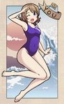  barefoot blue_eyes brown_hair character_name competition_swimsuit highres looking_at_viewer love_live! love_live!_sunshine!! one-piece_swimsuit one_eye_closed open_mouth purple_swimsuit salute short_hair solo suzuhara_shima swimsuit tidal_wave watanabe_you 