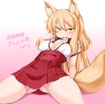  1girl animal_ears ass blush breasts brown_hair erect_nipples fang fate/extra_ccc_fox_tail fate_(series) japanese_clothes long_hair nipples open_mouth pink_background saber_(fate/extra_ccc_fox_tail) skirt tail yellow_eyes 