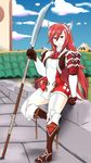  1girl dress fire_emblem fire_emblem_if hips long_hair looking_at_viewer matoi_(fire_emblem_if) naginata outdoor red_eyes red_hair roof short_dress sitting sky solo tagme thick_thighs thighs tight tight_clothes tight_clothing tight_dress very_long_hair wall weapon wide_hips 