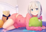  absurdres akky_(akimi1127) aqua_eyes bed bow eromanga_sensei hair_bow highres izumi_sagiri long_hair looking_at_viewer lying md5_mismatch on_side pajamas pink_bow silver_hair solo star stuffed_animal stuffed_octopus stuffed_toy teddy_bear 