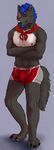  anthro beard black_fur black_nose blue_hair boxers_(clothing) bulge canine claws clothed clothing crossed_arms facial_hair fluffy fluffy_tail fur green_eyes grey_background grey_fur hair looking_at_viewer male mammal marjani muscular nipples pads_(disambiguation) partially_clothed pawpads paws raised_eyebrow scar scar_across_eye simple_background smile solo standing tagme underwear white_fur wolf 