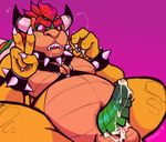  2015 animal_genitalia animal_penis anthro balls belly big_belly bowser claws collar cum cum_on_balls cum_on_penis daskingu digital_drawing_(artwork) digital_media_(artwork) drooling erection green_penis hair harness horn koopa male mammal mario_bros nintendo nude open_mouth penis purple_background red_eyes red_hair saliva scalie simple_background solo spiked_collar spiked_cuffs spikes sweat teeth v_sign video_games wrist_cuff 