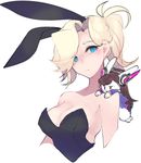  animal_ears animalization bare_shoulders blonde_hair blue_eyes breasts brown_hair bunny bunny_ears bunnysuit closed_mouth cropped_arms cropped_torso d.va_(overwatch) fake_animal_ears high_ponytail long_hair medium_breasts mercy_(overwatch) mwo_imma_hwag overwatch simple_background whisker_markings white_background 