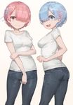  :d absurdres ass beige_background blue_eyes blue_hair breasts casual contemporary contrapposto denim from_side gradient gradient_background hair_ornament hair_over_one_eye hair_ribbon highres holding_arm jeans looking_at_viewer matching_outfit medium_breasts multiple_girls open_mouth pants pink_eyes pink_hair ram_(re:zero) re:zero_kara_hajimeru_isekai_seikatsu rem_(re:zero) ribbon shirt short_hair siblings simple_background sisters skinny_jeans smile standing t-shirt twins x_hair_ornament yohan1754 