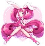 ;) absurdly_long_hair animal_ears boots bunny_ears cake_hair_ornament cure_whip food_themed_hair_ornament full_body gloves hair_ornament kirakira_precure_a_la_mode long_hair magical_girl one_eye_closed pink_eyes pink_footwear pink_hair precure sitting smile solo twintails usami_ichika usano very_long_hair white_gloves 