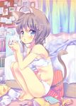  ahoge animal_ears backpack bad_id bad_pawoo_id bag bangs bed bedroom blanket blue_eyes blush board bookshelf bra breath brown_hair cat_ears cat_girl cat_tail cup ech eyebrows_visible_through_hair grey_hair hair_between_eyes highres holding holding_cup indoors legs_together looking_at_viewer navel open_mouth original panties parted_lips pen photo_(object) picture_frame plaid_blanket short_hair_with_long_locks sitting solo steam strap_slip tail tareme underwear underwear_only white_bra white_panties 