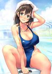  amamiya_natsumi arm_up blue_eyes blush breasts brown_hair competition_swimsuit day hair_between_eyes highleg highleg_swimsuit highres huge_breasts kekemotsu long_hair one-piece_swimsuit original outdoors pool smile solo starting_block swim_cap swim_cap_removed swimsuit towel towel_on_head wet 