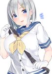  absurdres between_breasts blue_eyes blush breasts buta_tamako eyes_visible_through_hair gloves hair_ornament hair_over_one_eye hairclip hamakaze_(kantai_collection) highres kantai_collection large_breasts lips looking_at_viewer parted_lips school_uniform serafuku short_hair short_sleeves silver_hair solo strap_cleavage upper_body white_gloves 