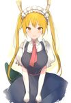  blonde_hair blue_dress blush breasts dragon_girl dragon_horns dragon_tail dress gloves horns kobayashi-san_chi_no_maidragon large_breasts long_hair looking_at_viewer lpip maid maid_headdress open_mouth slit_pupils solo tail tooru_(maidragon) twintails white_gloves 