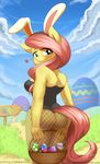  &lt;3 2017 absurd_res anthro anthrofied blush burgerkiss butt cloud easter egg equine female fishnet fluttershy_(mlp) friendship_is_magic hair hi_res holding_object holidays horse mammal my_little_pony outside pony smile solo 