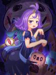  :3 :d acerola_(pokemon) anchor bare_arms blush breasts collarbone costume dhelmise dress elite_four flipped_hair gen_7_pokemon hair_ornament half-closed_eyes highres jitome leaning_forward legs_together mimikyu no_nose open_mouth palossand pikachu_costume pokemon pokemon_(creature) pokemon_(game) pokemon_sm purple_eyes purple_hair raised_eyebrows sand sand_castle sand_sculpture seaweed ship's_wheel short_hair shovel small_breasts smile standing stitches tongue topknot torn_clothes torn_dress torn_sleeves trial_captain ukiwoshi z-move 
