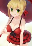  :q absurdres ahoge alternate_costume bad_revision bare_arms bare_shoulders blonde_hair braid breasts cleavage collarbone covered_nipples dress fate/extra fate_(series) french_braid green_eyes hair_between_eyes heart heart-shaped_pupils highres holding holding_umbrella large_breasts layered_dress leaning_forward looking_at_viewer md5_mismatch modern_costume_of_crimson mvv nero_claudius_(fate) nero_claudius_(fate)_(all) red_dress short_dress sideboob signature solo symbol-shaped_pupils tongue tongue_out umbrella 