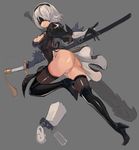  absurdres ass black_dress black_gloves black_legwear blindfold boots breasts cleavage cleavage_cutout dress full_body gloves grey_background hair_over_one_eye hairband high_heel_boots high_heels highres juliet_sleeves leotard_under_clothes lips long_sleeves medium_breasts nier_(series) nier_automata ootachi outstretched_arms pod_(nier_automata) puffy_sleeves qbspdl short_hair side_slit silver_hair simple_background sketch solo standing standing_on_one_leg thigh_boots thighhighs yorha_no._2_type_b 