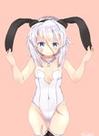  1girl animal_ears bare_shoulders blue_eyes blush breasts collar fate/grand_order fate_(series) grey_hair hairband leotard mary_read_(fate/grand_order) navel pink_background scar short_hair small_breasts thighhighs 