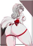  2017 anthro big_butt blood blush breasts butt canine dipstick_tail female fur grey_hair hair ladygreer looking_at_viewer mammal multicolored_tail raised_tail rear_view red_eyes simple_background solo vampire white_fur wolf 