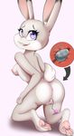  2017 anthro anus areola breasts butt disney eyelashes female fur grey_fur hi_res hindpaw inner_ear_fluff internal judy_hopps kneeling lagomorph looking_at_viewer looking_back mammal nipples open_mouth pawpads paws pink_nose pink_pawpads purple_eyes pussy rabbit sex_toy simple_background solo thebatfang vibrator zootopia 
