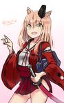  :d animal_ears bag bangs blonde_hair fangs fate/extra fate/extra_ccc fate/extra_ccc_fox_tail fate_(series) fox_ears fox_shadow_puppet hat highres holding holding_sword holding_weapon i.f.s.f long_hair looking_at_viewer open_mouth school_bag smile solo suzuka_gozen_(fate) sword tate_eboshi twitter_username weapon wide_sleeves yellow_eyes 
