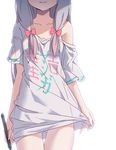  adrenaline!!! ass_visible_through_thighs bow closed_mouth clothes_writing collarbone copyright_name covered_navel eromanga_sensei grey_hair hair_bow head_out_of_frame highres izumi_sagiri long_hair off_shoulder pink_bow shirt short_sleeves simple_background solo stylus t-shirt thigh_gap ttc wavy_mouth white_background 