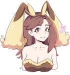  animal_ears bare_shoulders breasts brown_eyes brown_hair bunny_ears cleavage collarbone cosplay dated eyebrows gen_4_pokemon heart highres looking_at_viewer lopunny lopunny_(cosplay) medium_breasts milka_(milk4ppl) parted_lips pokemon pokemon_(game) pokemon_breeder_(pokemon) pokemon_xy smile solo upper_body white_background 