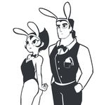  1boy 1girl ashi_(samurai_jack) bangs blush bunny_ears bunnysuit cowboy_shot detached_collar fake_animal_ears lipstick monochrome samurai_jack samurai_jack_(character) short_hair simple_background standing strapless_leotard tagme white_background 