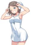  &gt;_o alp armpits arms_up blue_eyes blush brown_hair double_v dress grin hair_ribbon looking_at_viewer love_live! love_live!_sunshine!! one_eye_closed ribbon short_hair simple_background sleeveless sleeveless_dress smile solo v watanabe_you white_background white_dress 