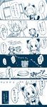  4girls american_beaver_(kemono_friends) animal_ears beaver_ears beaver_tail black-tailed_prairie_dog_(kemono_friends) blush closed_eyes comic commentary_request curry eurasian_eagle_owl_(kemono_friends) food fork futami_yayoi highres kemono_friends lucky_beast_(kemono_friends) monochrome multiple_girls northern_white-faced_owl_(kemono_friends) plate prairie_dog_ears rice shocked_eyes smile speech_bubble spoon surprised tail translation_request 