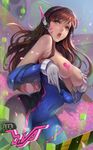  blush bodysuit breasts brown_hair censored character_name covering_nipples cube d.va_(overwatch) embarrassed facial_mark gloves headphones heart heart_censor highres karasu_kame_ex large_breasts long_hair open_mouth overwatch pilot_suit ribbed_bodysuit solo undressing whisker_markings white_gloves 