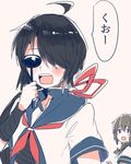  ahoge bandages bangs black_hair blue_sailor_collar hair_ornament hair_over_one_eye hair_ribbon hairclip isonami_(kantai_collection) itomugi-kun kako_(kantai_collection) kantai_collection long_hair messy_hair multiple_girls occluder parted_bangs ponytail red_ribbon ribbon sailor_collar school_uniform serafuku simple_background vision_test white_background you're_doing_it_wrong 