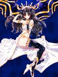  absurdres ahma anklet armlet bare_shoulders barefoot black_hair black_ribbon crown earrings fate/grand_order fate_(series) hair_ribbon highres hoop_earrings ishtar_(fate/grand_order) jewelry long_hair long_legs looking_at_viewer navel red_eyes ribbon single_thighhigh smile solo thighhighs twintails 