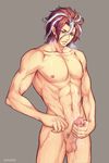  1boy abs all_out!! cum cum_on_body erection male_focus masturbation multicolored_hair muscle nipples nude pecs penis penis_grab pubic_hair sekizan_takuya solo steam sweat testicles 