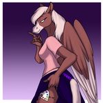  2016 anthro breasts brown_fur clothed clothing equine feathered_wings feathers female foxenawolf fur hair isla_aukate mammal pegasus purple_eyes solo white_hair wings 