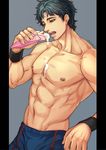  1boy abs all_out!! eating food looking_at_viewer male_focus muscle nipples open_mouth pecs solo tagme topless 
