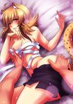  1girl animal_ears ass bare_shoulders bed blonde_hair blush breasts cheetah_girl chiira_(deathblight) crescentia deathblight lipstick lying medium_breasts midriff petting sarashi short_hair short_shorts shorts tail undressing yellow_eyes 