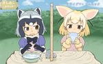  :3 animal_ears black_gloves black_hair black_ribbon blonde_hair blue_shirt blue_sky blurry blurry_background blush blush_stickers bowl brown_eyes brown_hair character_name cloud commentary_request common_raccoon_(kemono_friends) d: day dot_nose dripping eyebrows_visible_through_hair eyelashes fang fennec_(kemono_friends) flat_color food food_in_mouth fox_ears fur_collar fur_trim gloves grass grey_hair holding holding_food japari_bun jitome jpeg_artifacts kemono_friends looking_at_viewer looking_to_the_side multicolored_hair multiple_girls neck_ribbon nose_blush open_mouth outdoors pink_sweater puffy_short_sleeves puffy_sleeves raccoon_ears raised_eyebrow ribbon rock satsuyo shadow shirt short_hair short_sleeve_sweater short_sleeves sitting sky smile sweat sweater table tearing_up tears tree upper_body water water_drop white_hair wooden_table yellow_gloves yellow_ribbon 