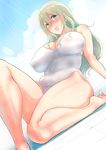  aqua_eyes arm_support atago_(kantai_collection) bad_anatomy bare_arms bare_legs bare_shoulders barefoot bifidus blonde_hair blue_sky blush body_blush breasts cleavage closed_mouth cloud collarbone commentary_request covered_navel covered_nipples day dutch_angle eyebrows_visible_through_hair from_below gradient_hair green_hair hair_between_eyes kantai_collection knee_up large_breasts leaning_back light_rays lips long_hair multicolored_hair nose_blush one-piece_swimsuit pink_lips shiny shiny_skin sidelocks sitting sitting_on_floor skin_tight skindentation sky smile solo sunbeam sunlight swimsuit tareme thighs tile_floor tiles toe_scrunch white_swimsuit 