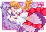  2girls :d aisaki_emiru bangs blunt_bangs blush boo_(takagi) boots brown_hair cover cover_page detached_sleeves dress gloves heart highres hug hugtto!_precure knee_boots long_hair looking_at_viewer multiple_girls open_mouth precure puffy_short_sleeves puffy_sleeves purple_background purple_dress purple_eyes purple_hair red_eyes red_footwear ruru_amour short_sleeves smile very_long_hair white_gloves white_legwear 