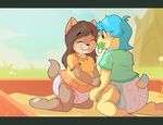  anthro blue_hair blush brown_fur brown_hair canine clothing coyote cub cuddlehooves diaper dog duo eyes_closed feet female fur grass green_eyes hair male mammal pacifier pawpads sand sandbox sky smile yellow_fur young 