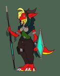  anthro avias_(artist) clothed clothing dragon female hair horn looking_at_viewer melee_weapon polearm shield solo spear standing weapon 