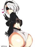  1girl android artist_name ass back back_opening black_hairband blindfold breasts from_behind gloves hairband heart huge_ass large_breasts leaning leaning_forward leotard looking_at_viewer nier_(series) nier_automata shiny shiny_clothes shiny_hair shiny_skin short_hair sideboob silver_hair simple_background smile solo v warden white_background yorha_no._2_type_b 