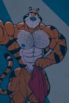 2017 abs anthro bandanna biceps body_hair chest_hair feline frosted_flakes hairy looking_at_viewer male mammal muscular muscular_male nipples pecs ripped-saurian smile solo stripes tiger tony_the_tiger 