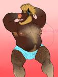  anthro beard body_hair bulge chest_hair clothing facial_hair headphones male mammal musclegut nipples open_mouth porcine solo stickyfeathers underwear 