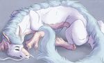  ambiguous_gender blue_background blue_eyes blue_fur blue_hair claws dragon eastern_dragon fur furred_dragon hair horn looking_at_viewer marjani resting scales scalie simple_background solo tagme white_skin 