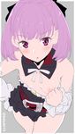  bare_shoulders batsu blush breasts commentary_request detached_collar detached_sleeves dress_pull fate/grand_order fate_(series) from_above helena_blavatsky_(fate/grand_order) looking_at_viewer nipples purple_eyes purple_hair short_hair simple_background sketch small_breasts solo strapless 