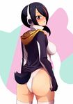  ass black_hair blush breasts brown_eyes earphones emperor_penguin_(kemono_friends) hadome hair_over_one_eye highres hood hoodie impossible_clothes impossible_leotard japari_symbol kemono_friends leotard long_hair looking_at_viewer looking_back medium_breasts open_mouth penguin_tail solo tail thighhighs turtleneck white_legwear white_leotard 