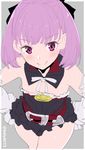  bare_shoulders batsu commentary_request detached_collar detached_sleeves fate/grand_order fate_(series) flat_chest from_above helena_blavatsky_(fate/grand_order) looking_at_viewer purple_eyes purple_hair short_hair simple_background sketch smile solo strapless tree_of_life 