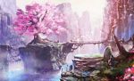  backpack bag blurry bridge cherry_blossoms cliff depth_of_field fantasy flower geta hat highres island light mountain nature original petals plant rapt_(47256) river scenery silver_hair sky solo valley vines water waterfall 