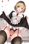  alternate_costume apron ass_visible_through_thighs black_dress black_hairband blonde_hair blush bow breasts censored cherry_blossoms choker crotchless_panties djeeta_(granblue_fantasy) dress dress_lift enmaided flashing from_below garter_straps granblue_fantasy hairband hanada_yanochi looking_at_viewer maid maid_apron medium_breasts mosaic_censoring panties pubic_hair pussy ribbon_choker smile solo thighhighs underwear yellow_eyes 