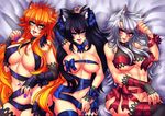  3girls bed black_hair blue_eyes breasts catheline_(deathblight) cleavage crescentia deathblight faye_(deathblight) ferania_(deathblight) fox_girl green_eyes large_breasts lipstick long_hair long_nails lying multiple_girls nail_polish orange_hair present red_eyes ribbon slit_pupils tail teasing thighhighs tongue tongue_out twintails underboob white_hair wolf_girl 