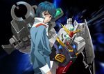  beam_rifle blue_hair energy_gun gundam gundam_mk_ii jacket kamille_bidan mecha platin_(alios) purple_eyes shield short_hair weapon zeta_gundam 